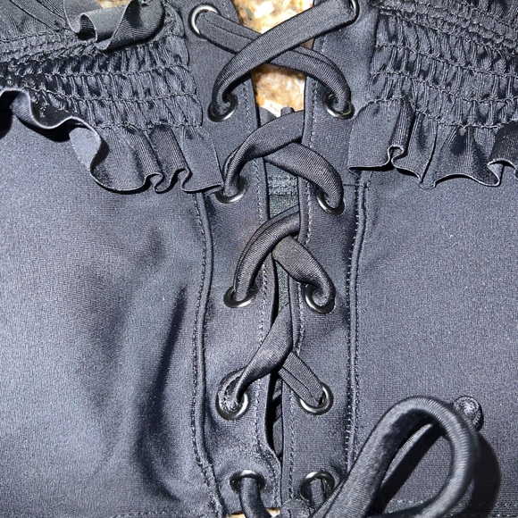 Xhilaration black bralette swim top size small ruffle sleeve lace up front - Picture 5 of 8